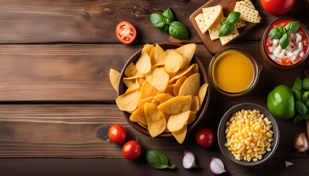 A bowl of nachos with various toppings and dipping sauces, seen from above on a wooden table. The image shows a delicious and vibrant meal perfect for snacking or sharing.の写真素材