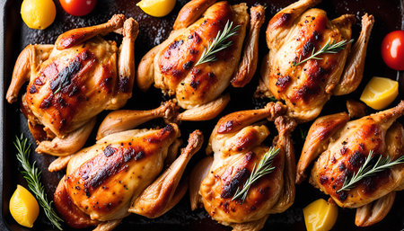 A close-up of a tray of roasted Cornish hens, seasoned with rosemary and lemons. The hens are golden brown and look delicious.の写真素材