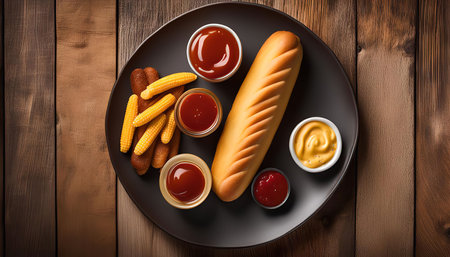 A hot dog and corn dogs on a plate with ketchup and mustard.