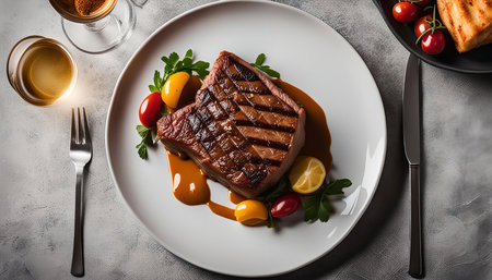 Close up of a grilled steak on a white plate with lemon and cherry tomatoes. The steak is grilled to perfection and looks delicious. The photo is taken from a top down perspective.の写真素材