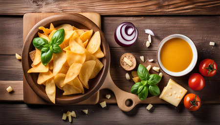 A close-up image showing an arrangement of various snacks, including cheese, basil, tomatoes, and chips in a wooden bowl. The image captures a delicious and rustic aesthetic, featuring natural ingredients and vibrant colors on a wooden table.の写真素材