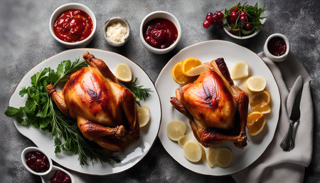 Two roasted chickens on white plates with lemon slices, cranberry sauce, and parsley garnish. A festive and delicious meal perfect for a special occasion.の写真素材