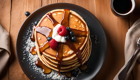 A stack of golden pancakes drizzled with syrup and topped with whipped cream and fresh berries. This...