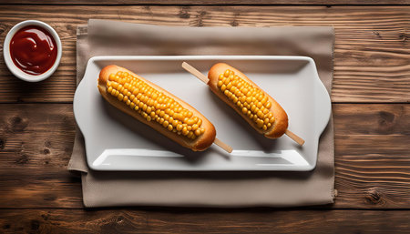 Two golden corn dogs, arranged on a white plate with a side of ketchup, temptingly await a hungry diner. The corn dogs are expertly crafted with a crispy golden brown coating, and the corn kernels are plump and juicy. The image captures a delicious moment of indulgence, inviting the viewer to imagine the satisfying crunch and burst of flavor.の写真素材