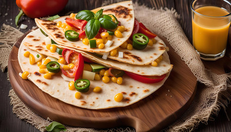 A close-up of a delicious quesadilla on a wooden cutting board, filled with corn, peppers, basil and cheese. The quesadilla is freshly made and looks very tasty.の写真素材