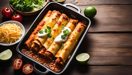 A close-up shot of a delicious Mexican enchilada dish, featuring a casserole of rolled tortillas filled with meat, cheese, and topped with sour cream, cilantro, and tomatoes. The dish is presented on a wooden surface, ready to be enjoyed.の写真素材