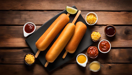 Three corn dogs on a black plate with dipping sauces and corn kernels on a wooden surface.の写真素材