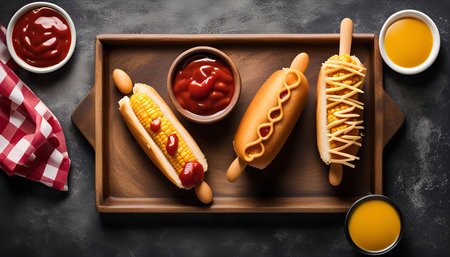 A close-up shot of three corn dogs, arranged on a wooden tray, with ketchup and mustard on the side. The corn dogs are freshly made and look delicious.の写真素材