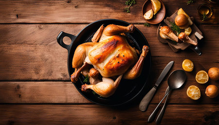 A roasted chicken in a cast iron skillet on a wooden table, surrounded by lemons, herbs, and cutlery.の写真素材