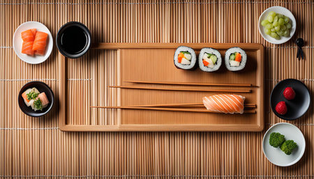 A beautifully arranged sushi plate with a variety of sushi rolls, salmon nigiri, soy sauce, wasabi, ginger, and chopsticks. The plate is set on a wooden mat.の写真素材