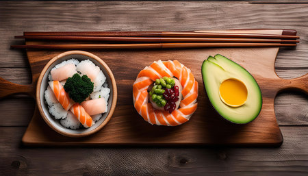 A close-up image of a beautiful arrangement of sushi with avocado and chopsticks on a wooden board. The sushi is made with fresh salmon, rice, and other vegetables. The avocado is cut in half and the chopsticks are arranged on top of the board. The image is taken from a high angle, and the food is presented in a very appealing way. The image is bright and inviting, and the food looks delicious.の写真素材