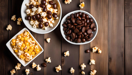 A top view of three bowls of popcorn and chocolate candies arranged on a wooden surface.の写真素材