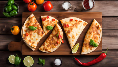 A close-up shot of four quesadillas on a wooden board, garnished with fresh lime, basil, and red pepper. The warm, golden-brown quesadillas, filled with a tempting cheese blend, are ready to be devoured.の写真素材