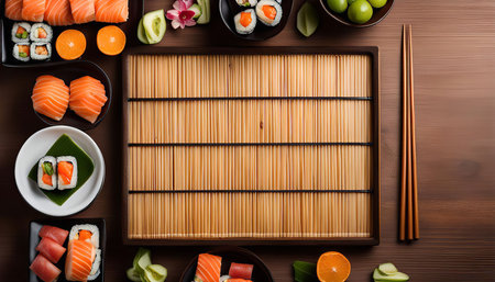 A top-down view of a sushi platter, featuring various types of sushi, including nigiri and maki. The platter is surrounded by garnishes like sliced cucumber, ginger, and wasabi. Two chopsticks are placed on the right side of the image, ready for dining.の写真素材