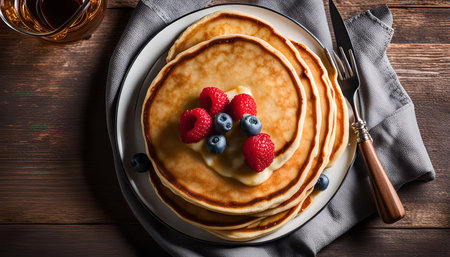 A stack of fluffy pancakes topped with fresh raspberries and blueberries, drizzled with syrup and a pat of butter. The pancakes are golden brown and slightly crispy on the outside, with a soft and tender interior.の写真素材