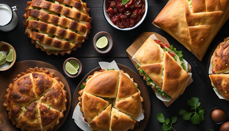 Top view of a plate filled with homemade sandwichesの写真素材