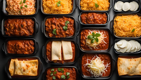An assortment of various Italian dishes, including spaghetti, lasagna, and other pasta dishes, arranged in black rectangular dishes.の写真素材