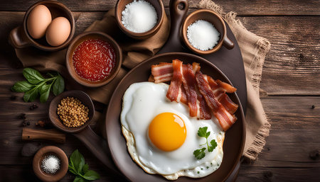 A close-up shot of a delicious breakfast with a fried egg, crispy bacon, and various spices and seasonings arranged on a wooden table.の写真素材
