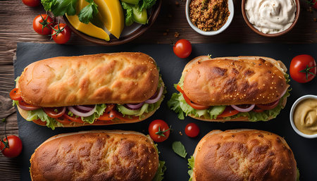 A close-up shot of three fresh sub sandwiches with a variety of veggies, including tomatoes, cucumbers, lettuce and onions. The sandwiches are served on a wooden table, making it perfect for a delicious and satisfying meal.の写真素材