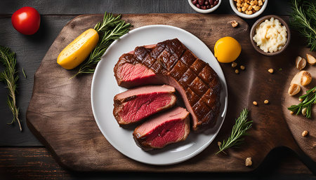 Close-up shot of grilled sliced steak on a white plate, with rosemary sprigs, lemon wedges, and other ingredients in the backgroundの写真素材