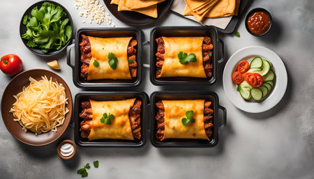A close-up of four enchiladas arranged in black rectangular dishes, ready to be enjoyed. The enchiladas are filled with savory ingredients and topped with melted cheese, cilantro, and a vibrant red sauce.の写真素材