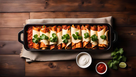 A delicious looking platter of enchiladas with a side of salsa and sour cream, all garnished with fresh cilantro and a lime.の写真素材