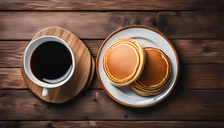 A top-down view of a cup of coffee and a plate of pancakes on a rustic wooden table. This is the...