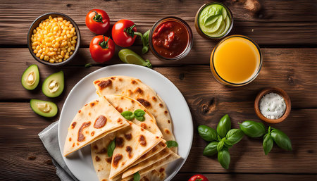 A platter of delicious quesadillas, salsa, tomatoes, guacamole and orange juice on a wooden table.の写真素材