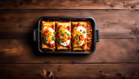 Three burritos, topped with sour cream and chili peppers, resting in a baking dish against a rustic wooden backgroundの写真素材