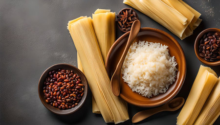 A delicious Colombian dish featuring a plate of rice, a bowl of beans and tamalesの写真素材