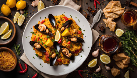 A plate of delicious seafood paella with mussels, lemon, spices, and herbs. A perfect dish for a Spanish meal.の写真素材
