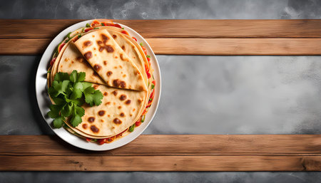A stack of delicious tortillas, filled with colorful ingredients and garnished with fresh cilantro,...