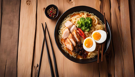A close-up shot of a bowl of ramen noodles, featuring chicken, broccoli, eggs, and spices on a...