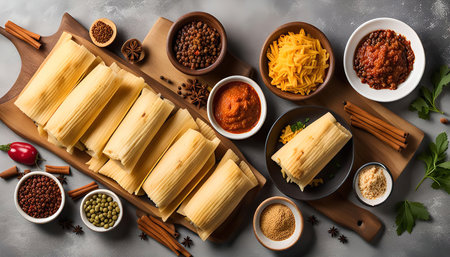 A top-down view of a culinary masterpiece in progress: tamales. The image showcases a wooden board filled with meticulously prepared tamales alongside an array of ingredients, including flavorful sauces, spices, and cheese, ready to be assembled into this traditional Mexican delicacy.の写真素材