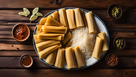 A plate of tamales with rice and side dishes arranged on a rustic wooden table.の写真素材