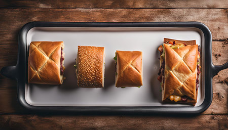 Four freshly made sandwiches on a white tray with a wooden background.の写真素材