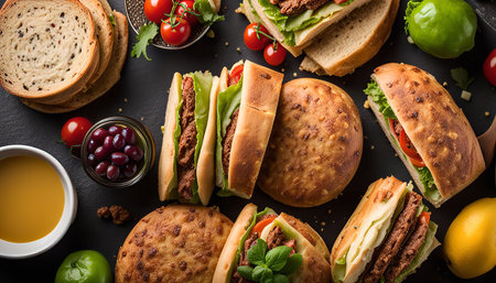 A collection of appetizing sandwiches with various fillings, arranged on a black surface, ready to be enjoyed.の写真素材