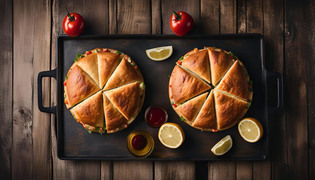 Two perfectly sliced sandwiches with tomato and lemon garnish on a wooden tray, ready for a delightful meal.の写真素材