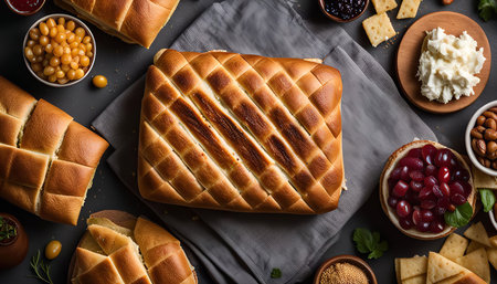 Top view of a baked bread with various fruits and cheese on a dark surface.