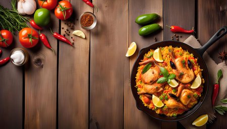 A delicious paella with seafood, vegetables, and spices, photographed from a high angle on a wooden table.の写真素材