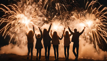 Silhouettes of people celebrating with fireworks in the night sky.の写真素材
