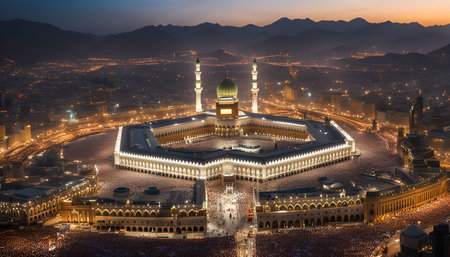 An aerial view of the Grand Mosque in Mecca, Saudi Arabia at night, illuminated by countless lights and surrounded by a vast crowd of people.の写真素材