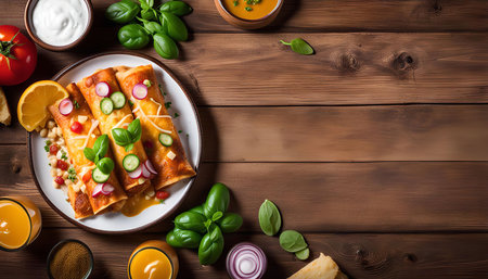 A close-up shot of three enchiladas topped with cheese, vegetables, and sauce, served on a wooden table with various ingredients surrounding them.の写真素材