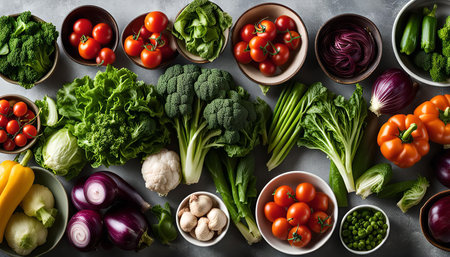 A beautiful display of fresh, colorful vegetables, perfect for a healthy meal or a vibrant still life photograph.の写真素材
