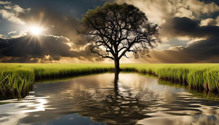 A lone tree stands tall in a field of grass by a serene body of water. The sunset casts a golden glow over the scene, creating a peaceful and tranquil atmosphere. The reflection of the tree in the water adds depth to the image and creates a sense of harmony.の写真素材
