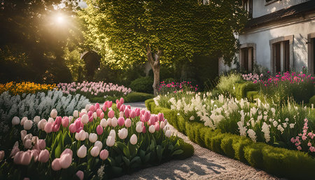 A sunny garden scene showcasing vibrant pink and white tulips in bloom. The lush green foliage and manicured path create a tranquil atmosphere, while the house in the background adds a touch of charm.の写真素材
