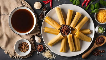 A flat lay showcasing the ingredients for preparing tamales: corn husks, beans, rice, chili, broth, cheese, and cilantro.の写真素材
