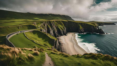 A stunning view of the Irish coast with a winding road, cliffs and a beach. The scene showcases the dramatic beauty of the Irish landscape.の写真素材
