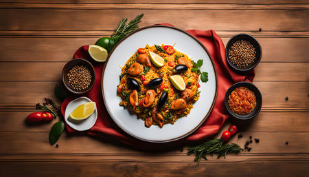 A close-up view of a beautifully plated seafood paella dish. The vibrant yellow rice is studded with shrimp, mussels, and clams, all arranged artfully on a white plate. A sprig of parsley adds a touch of freshness, and slices of lemon provide a burst of citrus. The dish is set on a wooden table with a red napkin and various spices, creating a visually appealing and appetizing scene.の写真素材