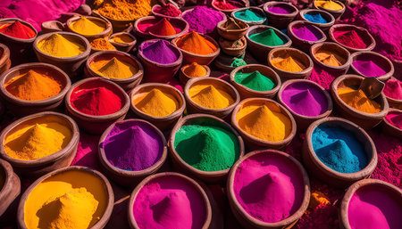 A close-up view of colorful powder dyes arranged in clay bowls, creating a vibrant and textured display. The bright hues create a sense of energy and festivity, perhaps representing a cultural tradition or festival.の写真素材